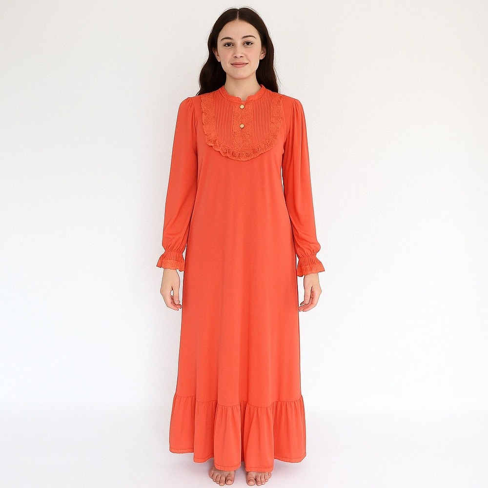 VINTAGE 70s Coral Nightgown Prairie Maxi Dress Lace Ruffle Trim Cottagecore